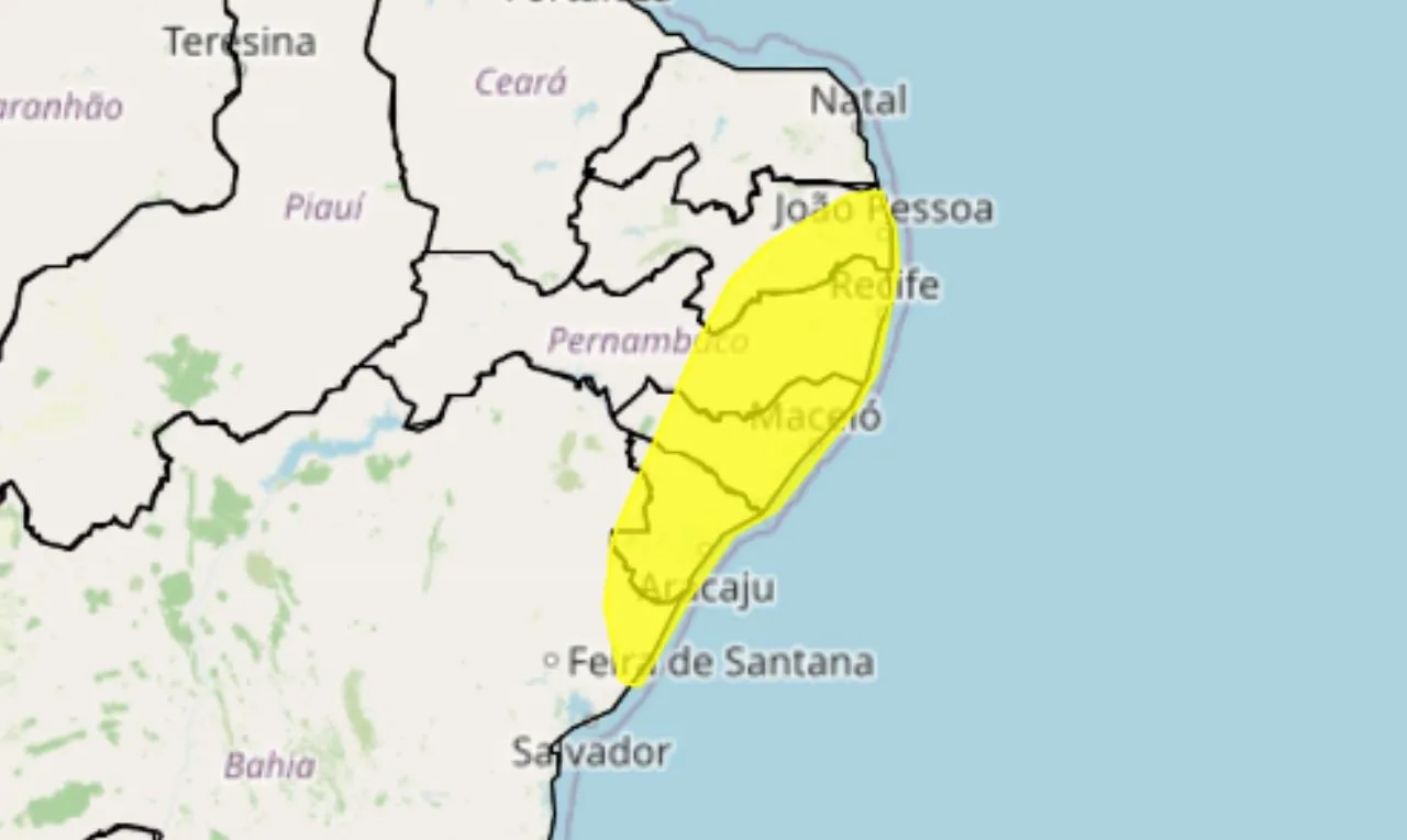 o mapa mostra as &aacute;reas em alerta para chuva intensa e ventos forte